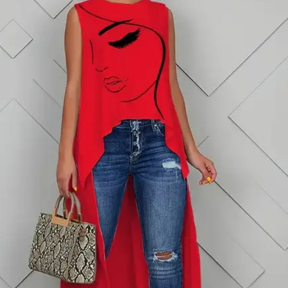 SHEIN Tops - SHEIN Red Sleeveless High-Low Tunic with Face Graphic